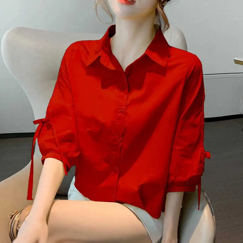 

Fashion Lantern Sleeve Lapel Lace Up Bow Oversized Button Shirt 2022 Summer New Casual Tops Loose Commute Female Clothing Blouse