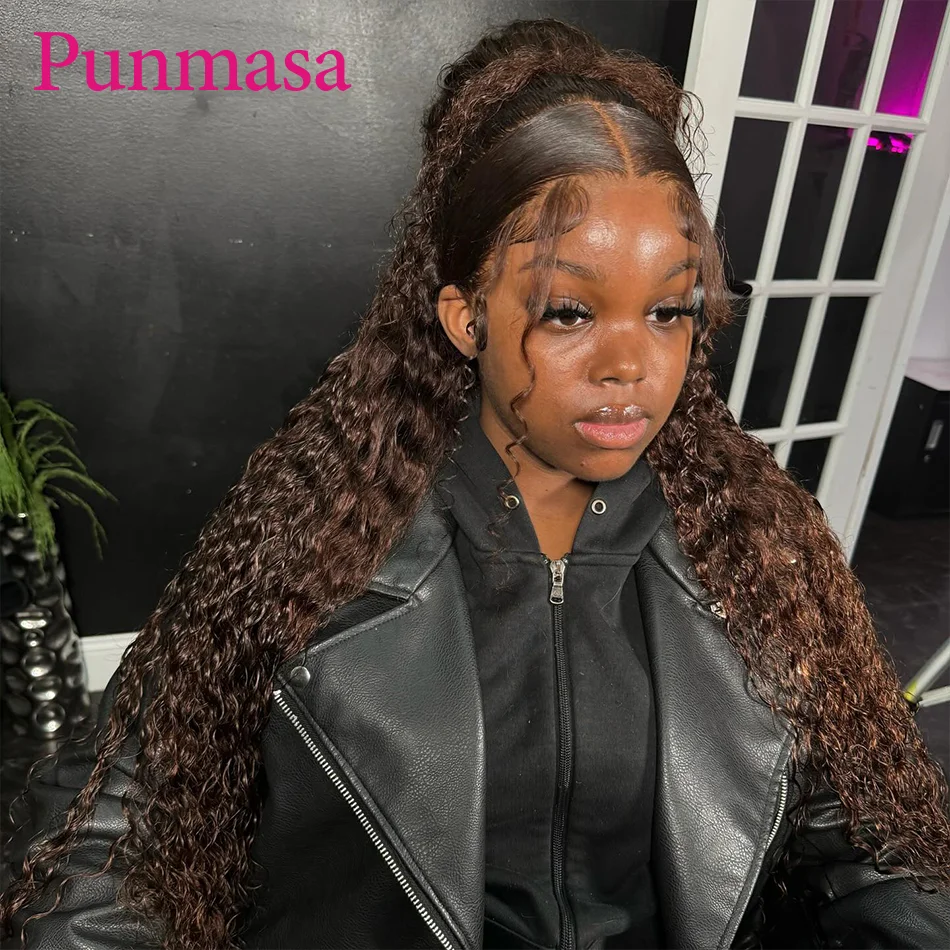 Punmasa #4 Colored Dark Brown Curly Wave Peruvian Remy 200% 13x4 Transparent Lace Frontal Wig 13x6 Lace Front Wig Wear To Go