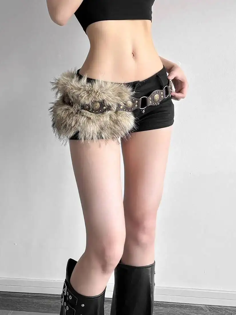 2026 Faux Fur Leather Belt Women's Versatile Belted Midi Skirt Y2K Fuzzy Retro Subculture Nomadic Style Rivet Detail Skirt Belt