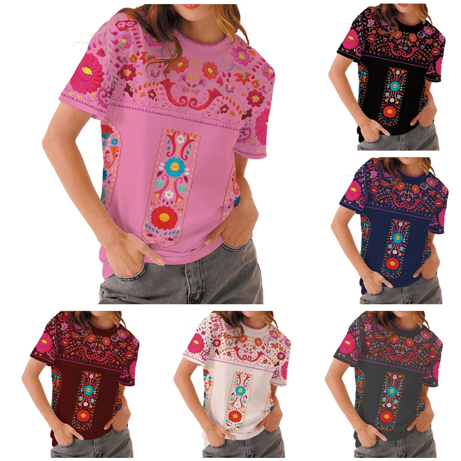 3D Printed Colorful Mexican Flowers T-Shirt Floral Shirt Mexican Basic Tee Hippie-Boho Style Short Sleeve Crew Neck Women Top