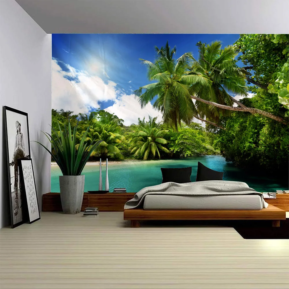 Sea view tapestry, fabric background wall decoration, polyester fabric, hippie home decoration, bed sheets, wallpaper sofa cover