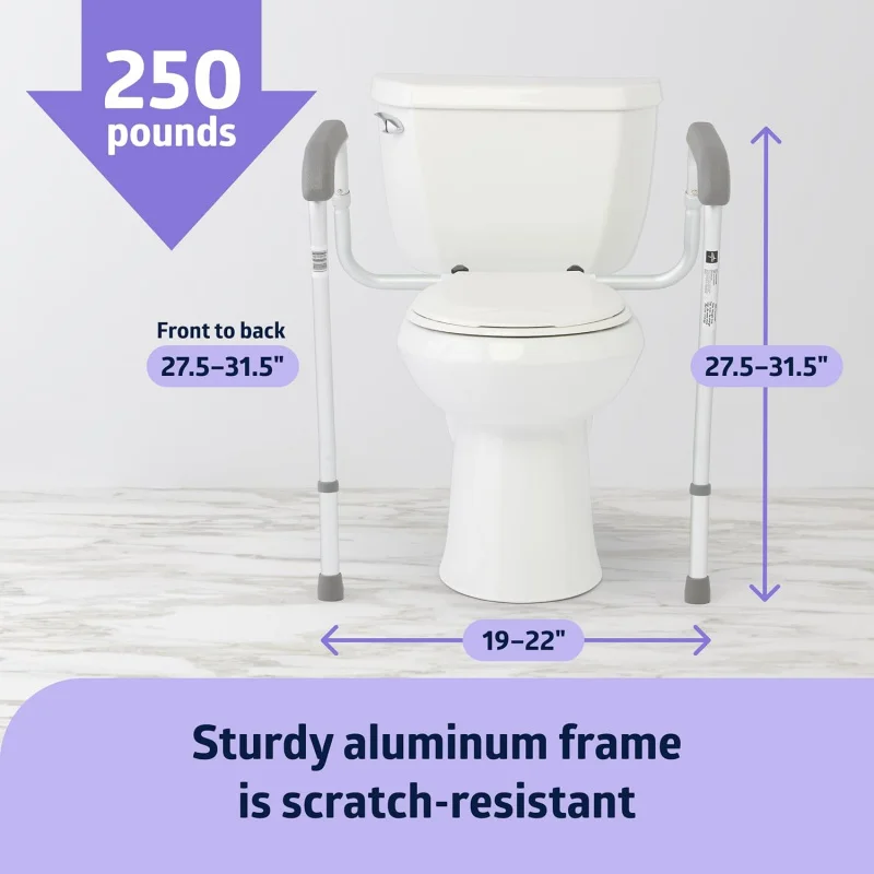 Toilet Safety Rail For Seniors w/Easy Installation, Height Adjustable Frame, Bathroom Assist Rail with Armrests