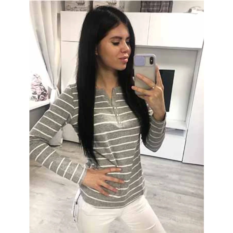 Cotton T-Shirt Women Long Sleeve Striped T Shirt Fashion 2023 Spring Autumn Female Clothes Top Tee Lady V-neck Tops 7215