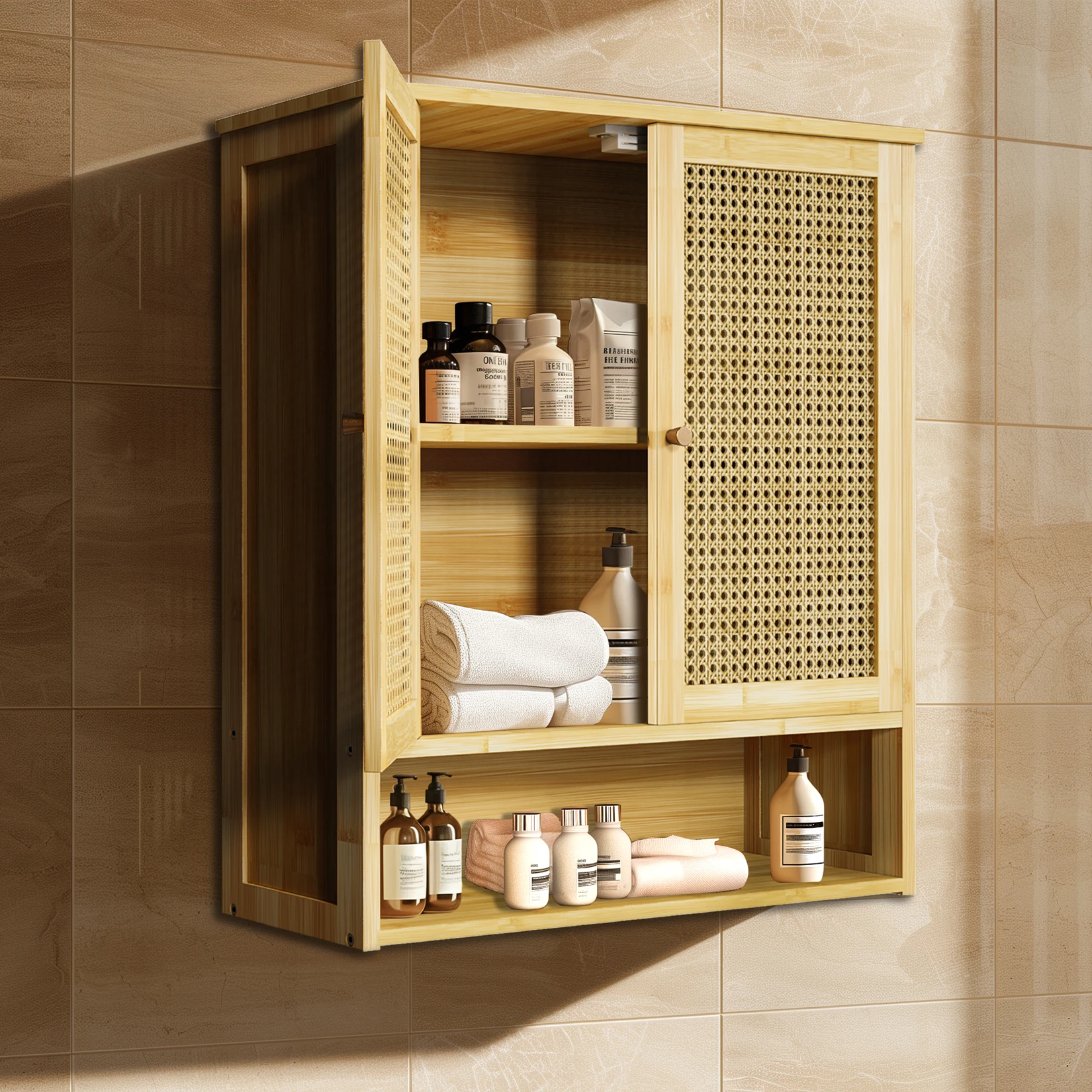 Bamboo Wall Cabinet over Toilet 3 Shelves Bathroom Storage Kitchen Organizer Free Standing Shelf Space Saver for Bathrooms