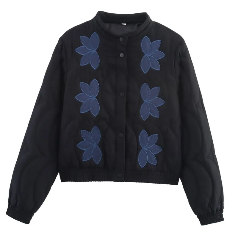 

2025 женская зимняя куртка в стиле ретро с небольшим воротником-стойкой, однобортная хлопковая стеганая куртка с длинными рукавами и вышивкой, повседневное теплое пальто