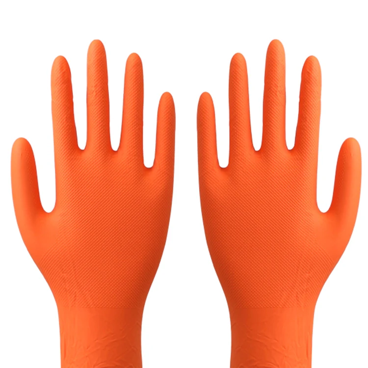 Orange Nitrile Gloves Powder Latex-Free Mechanical Diamond For Auto Repair Landscape Gardening Woodworking