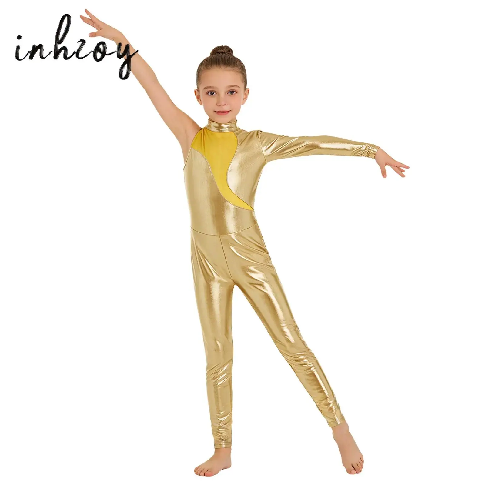 Kids Girls Rhythmic Gymnastics Unitards Ballet Dance Wear Figure Skating Costume Shiny Metallic Mesh Long Sleeve Sports Bodysuit