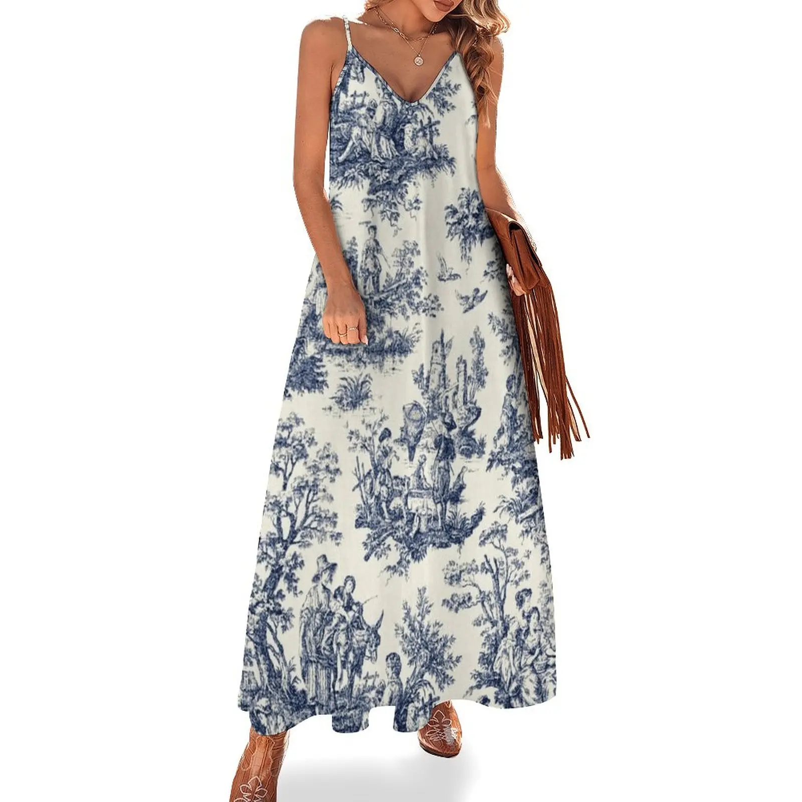 

NOMADES Artsy vintage Toile de Jouy - Navy and white Sleeveless Dress dresses for women 2025 elegant women's sets