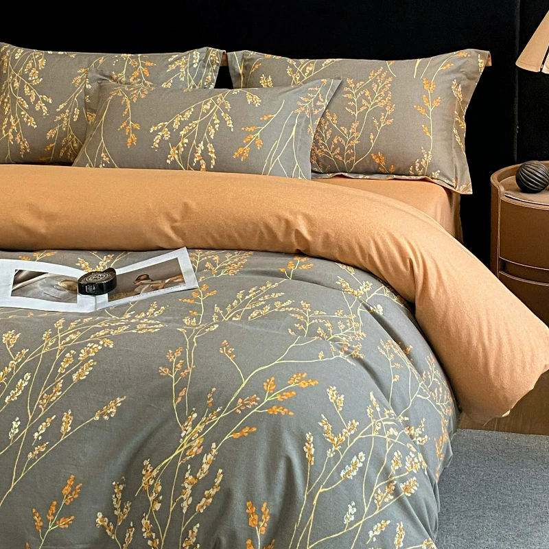 Autumn and Winter  Cotton Brushed Bedroom Four Piece Set Pure Cotton Bedsheet Fitted Sheet American Printed Bedding Gift Box Set