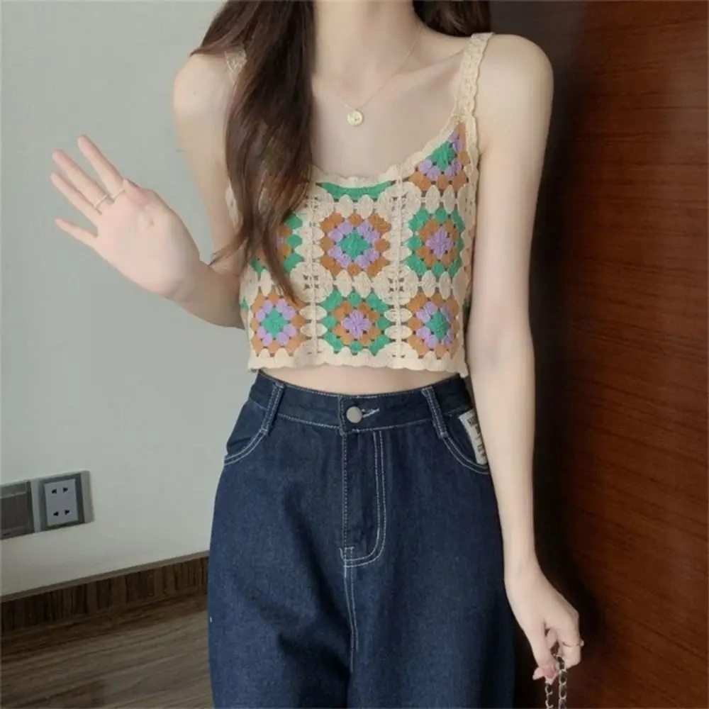 Elastische Sommer kurze ärmellose süße Gitter schlanke Häkel arbeit Crop Tops Baumwolle Cardigan Stickerei Weste weibliche Leibchen