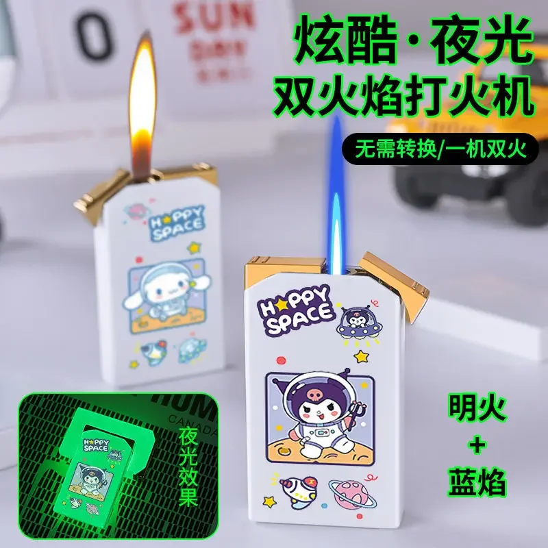 Glow in the Dark Kuromi Cinnamoroll Refillable Lighter Straight Blue Flame Double Fire 2 Sides Sparkling Cigarette Lighter Gift