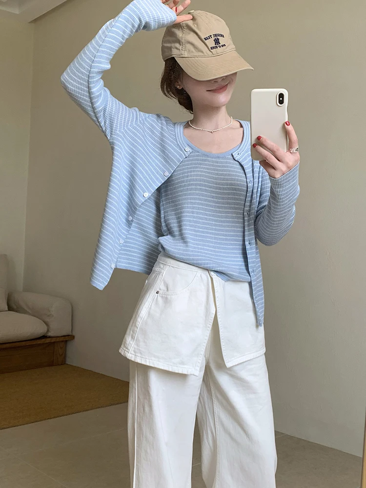 

Sweet Talk Stripe Two-Piece Set Women's Fashionable Versatile Top Bottom Ensemble Cotton Long Sleeve Button up Spring Summer