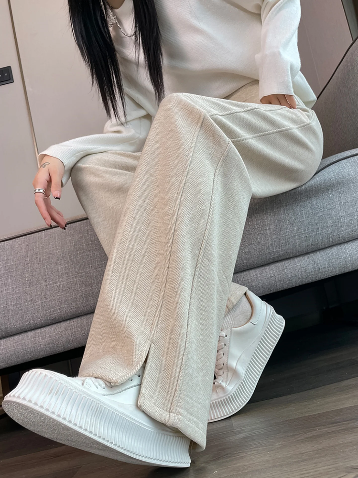 Thickened Fleece Wide Leg Pants Women's Autumn Winter High Waist Straight Cut Casual Trousers Open Slit Banana Pants