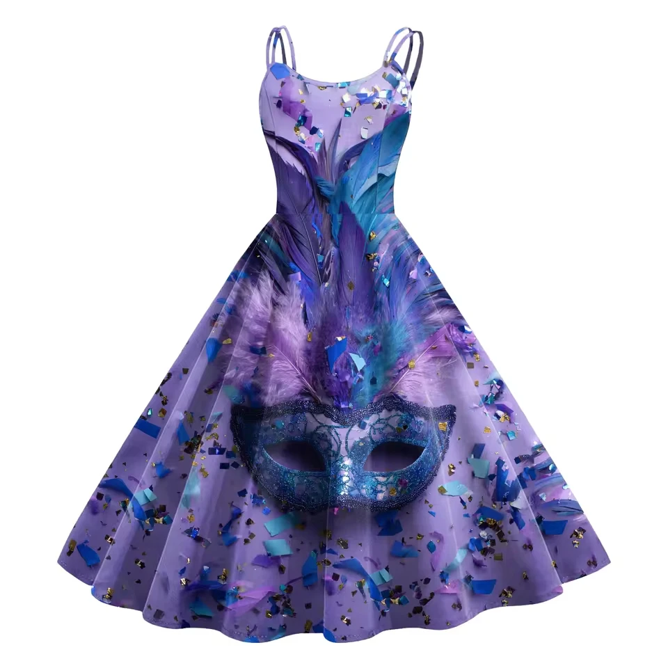

Women'S Fashion Carnival Print Dress Slimming Waist Casual Evening Party Dress Sleeveless Sexy Strap Dress Party Clubwaer Dresse