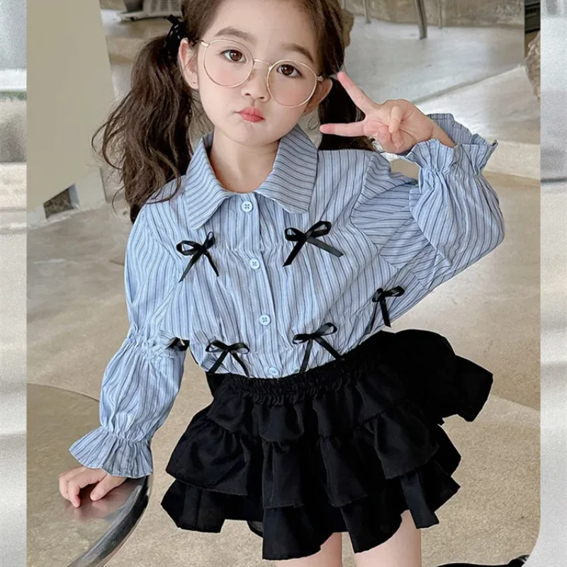 Girls Autumn Dress Set Children Korean Version Children Dress Western Style Striped Shirt Girl Baby Cake Skirt Two-piece Set