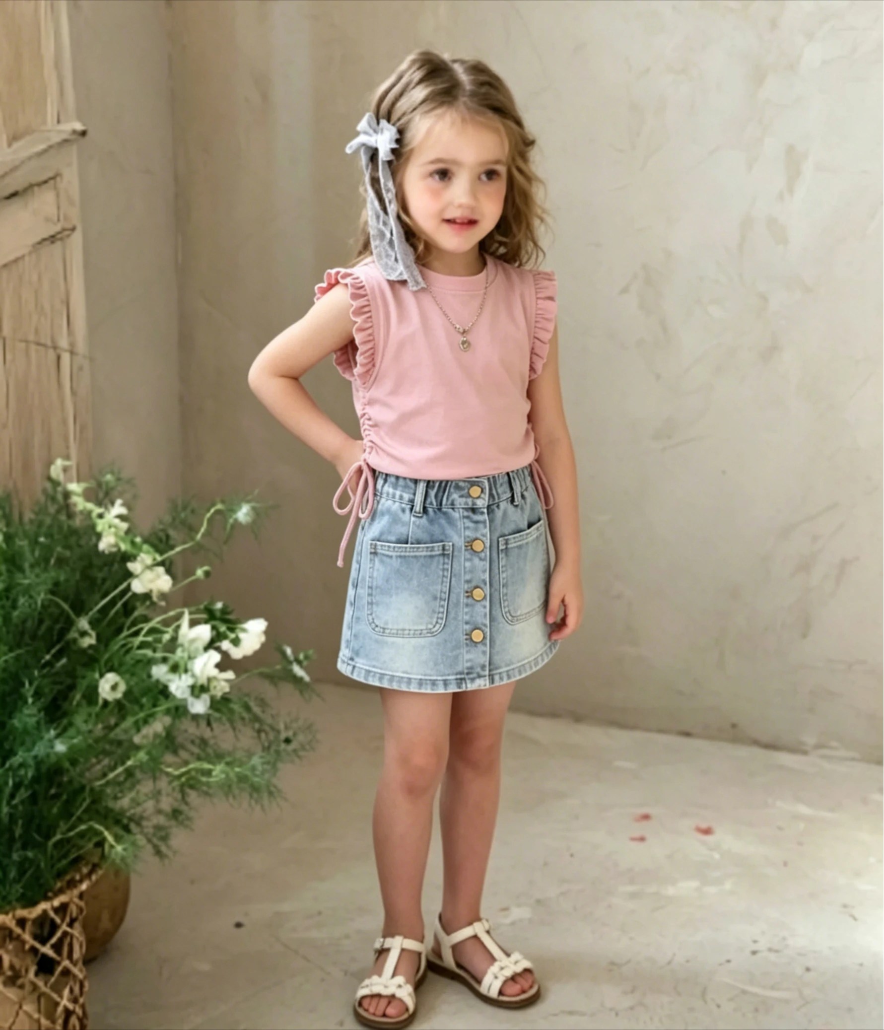Girls' Suit Korean Version of Women's Treasure Ruffled Vest Summer New Children's Denim Skirt Two-piece Set