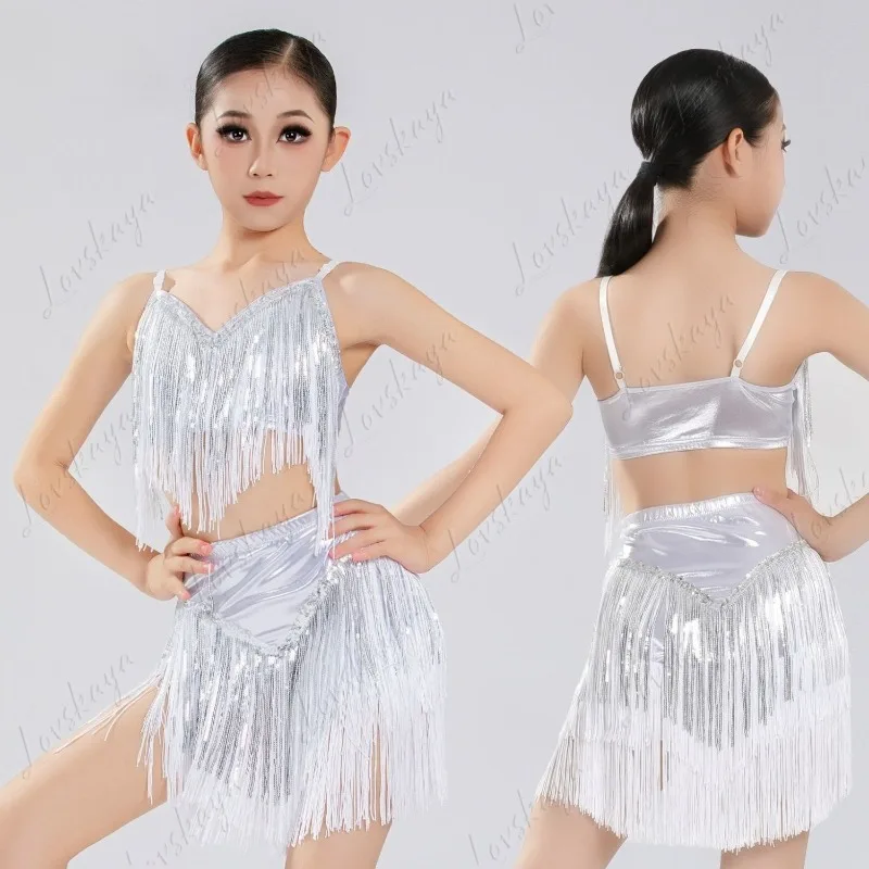 

Новый латинский танцевальный костюм для девочек, детский танцевальный костюм с блестками и бахромой на подтяжках, летний костюм интернет-знаменитости