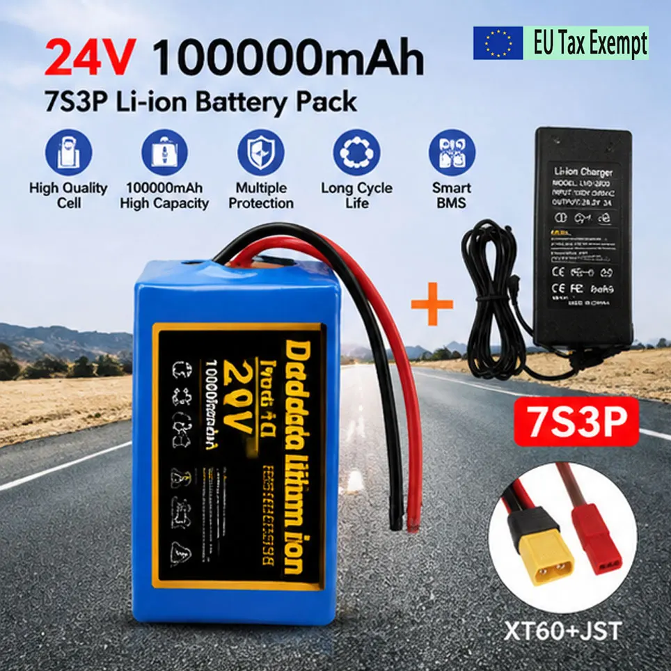 24V 100Ah 7S3P 18650 Lithium-Ionen-Akku-Pack, Polen Lager, mit 29,4V 2A Ladegerät, Ersatzakku für Elektrofahrrad, E-Bike, Moped, Roller