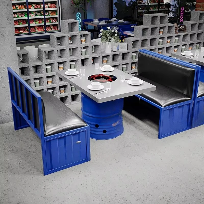 Modern Iron Blue Restaurant Booth Seating with Table Set Commercial Dining Furniture for Hotel and Cafe Bistro Use