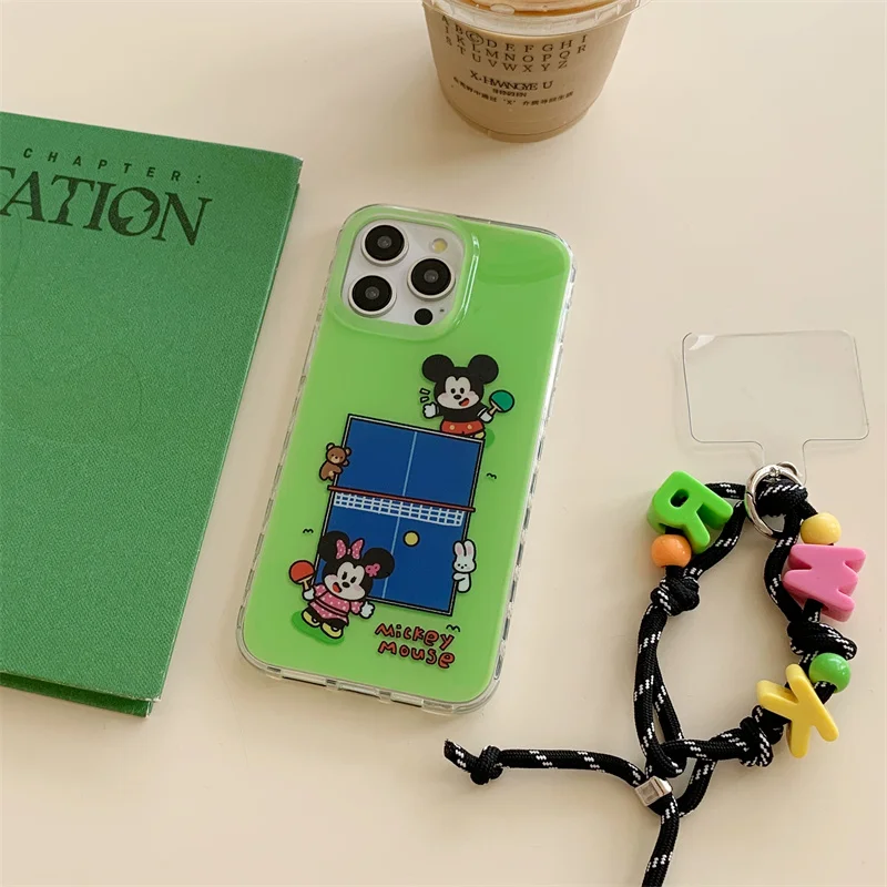 Capa para desenhos animados Cute Mickey and Minnie para iPhone, Ténis de mesa, Lucky Letters, cordão para iPhone 12, 13, 14, 15, 16 Pro Max, Y2K