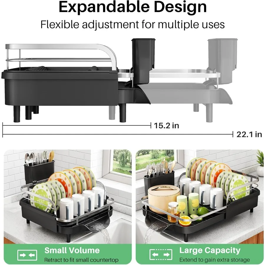 رف تجفيف الأطباق رف أطباق قابل للتوسيع لطاولة المطبخ تجفيف الأطباق المقاوم للصدأ مع حامل أواني ودرابزين مرتفع K #2