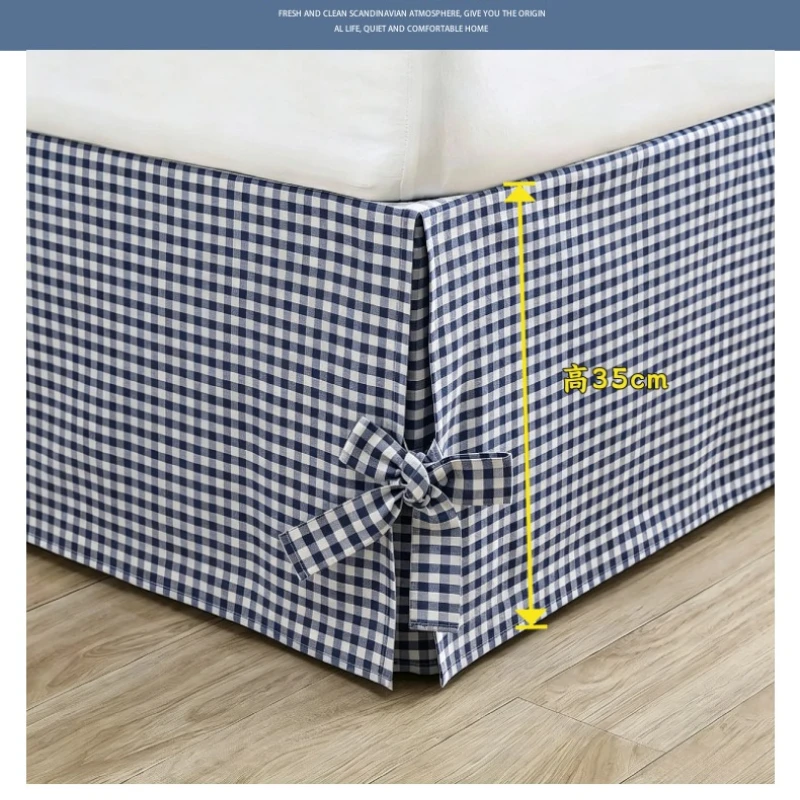 Check Pattern Bed Skirt Elastic Pinch Pleat 35cm Drop Premium Wrap Around Bed Sheet for Queen Bed Bowknot Bandage Hotel Decor