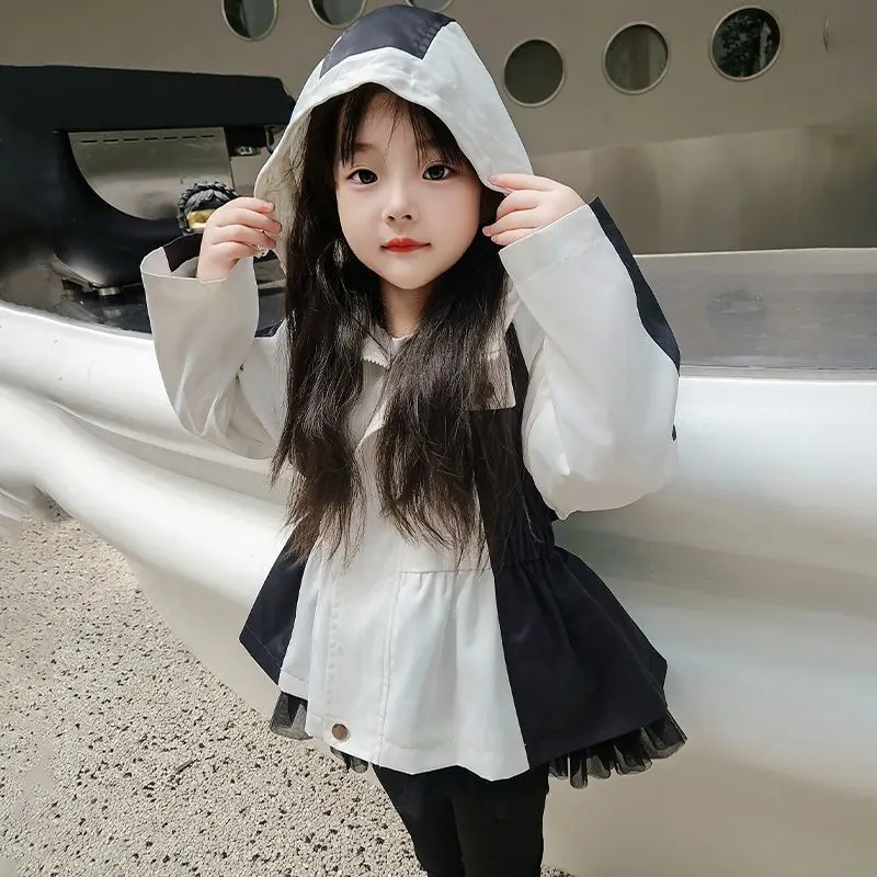 Girls' Stormtrooper Jacket New Autumn Style Western Mesh Splicing Women's Baby Jacket Children's Hooded Windbreaker