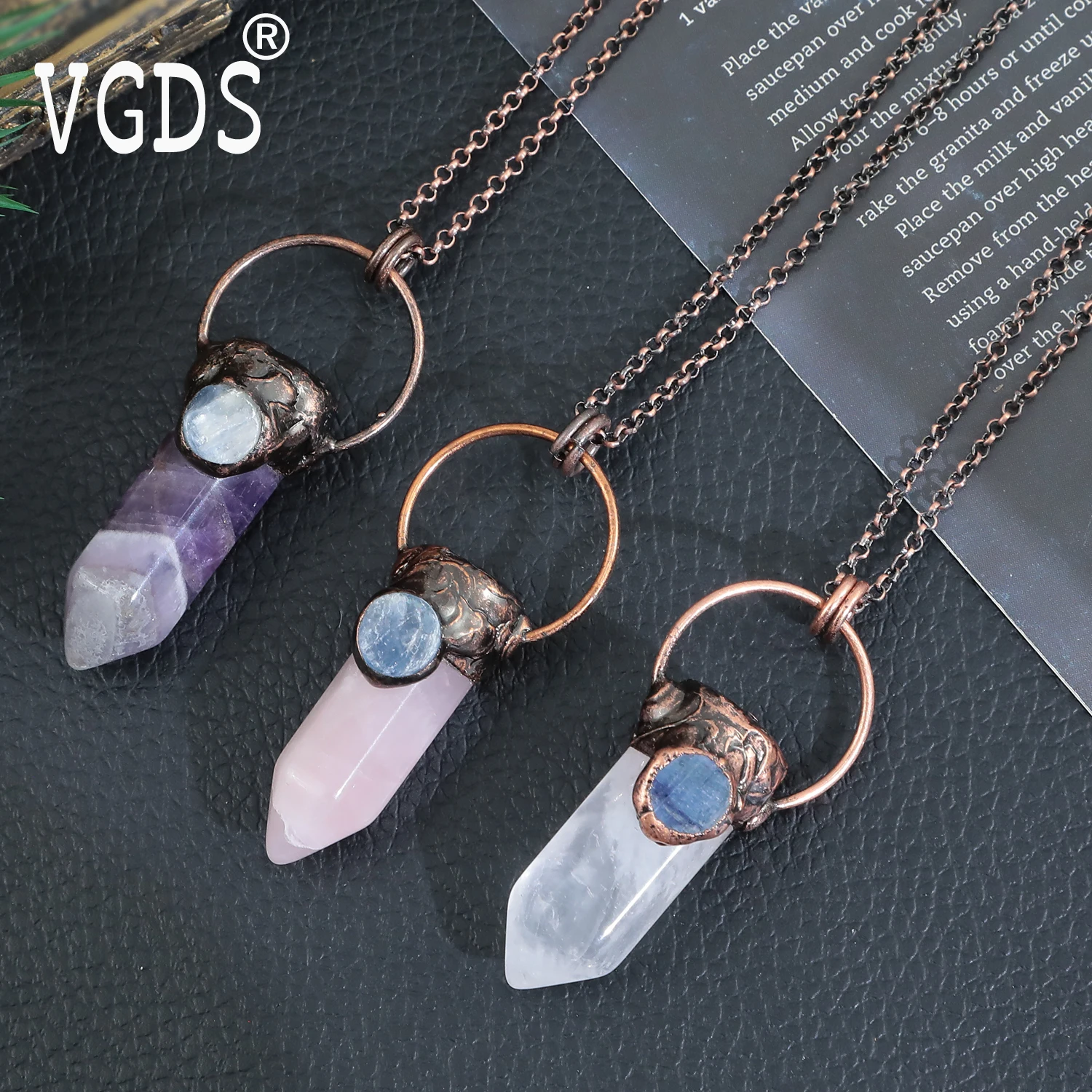 Natural Crystal Quartz Gemstone Hexagonal Column Pendants Vintage Copper Luxury Amethyst Fashion Necklaces Jewelry For Women Men