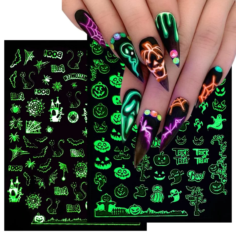 1 foglio di adesivi luminosi per unghie per la decorazione della festa di Halloween teschio orribile 3D autoadesivo incandescente al buio decalcomanie per Nail Art