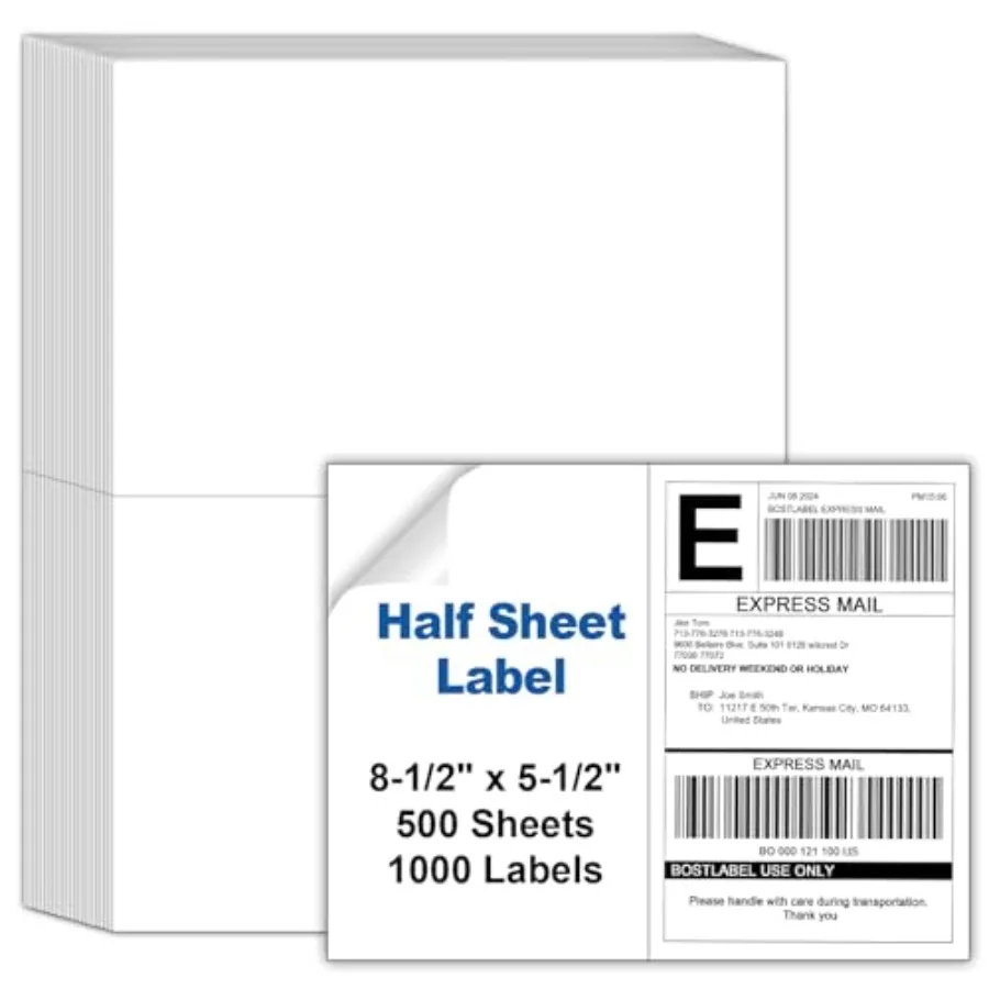 

Этикетки для доставки формата 8,5x5,5 дюймов (полулист), для лазерных и струйных принтеров, 500 листов (1000 штук), самоклеящиеся, для почтовых отправлений, формат A.