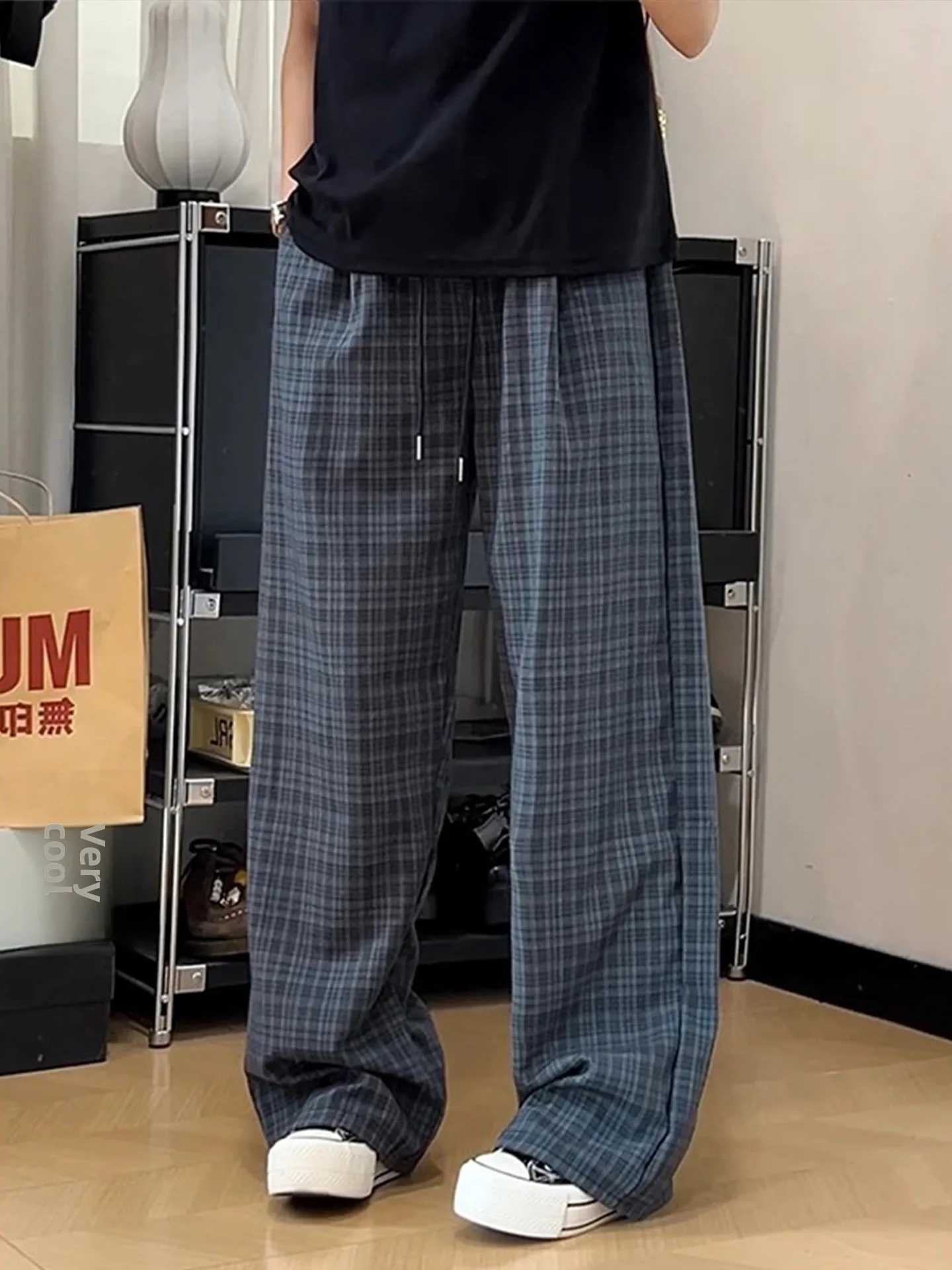 

American Retro Plaid Men's Summer Thin Loose Lazy Sle Wide Leg Straight Casual Sports Pants mid Low Waist Elastic Fit