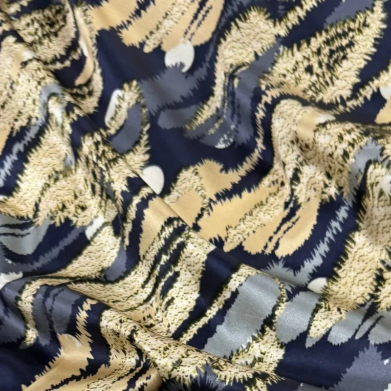 Silk Stretch Satin Print Fabric Dark Blue Breathable Lightweight Skin Friendly Qipao Hanfu Dress Spring Summer DIY Material