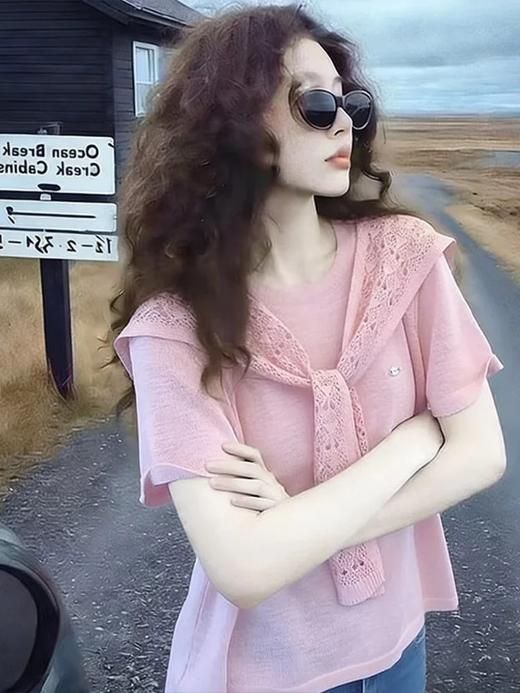 Laid-back Style Pink Anti-Aging Shoulder Wrap Short Sleeve T-Shirt Women's Summer New Korean Casual Anti-Aging Top