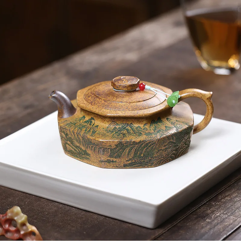 Yixing Zisha Teapot Handmade Dragon Bone Gold Clay Landscape Engraved Kung Fu Tea Pot Chinese Teaware 250ml