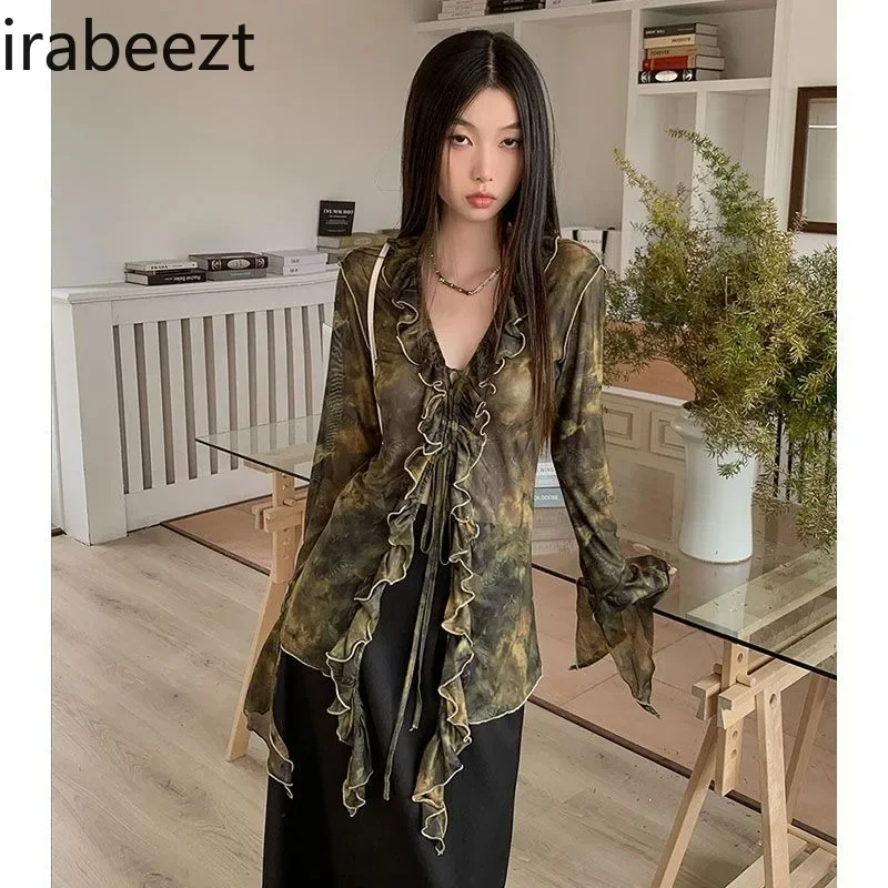 Irabeezt 2024 Women's Shirts Ruffles Long Sleeve Printed Mesh Irregular Blouses Vintage Hot Girls Chic Shirt Autumn Fashion Tops