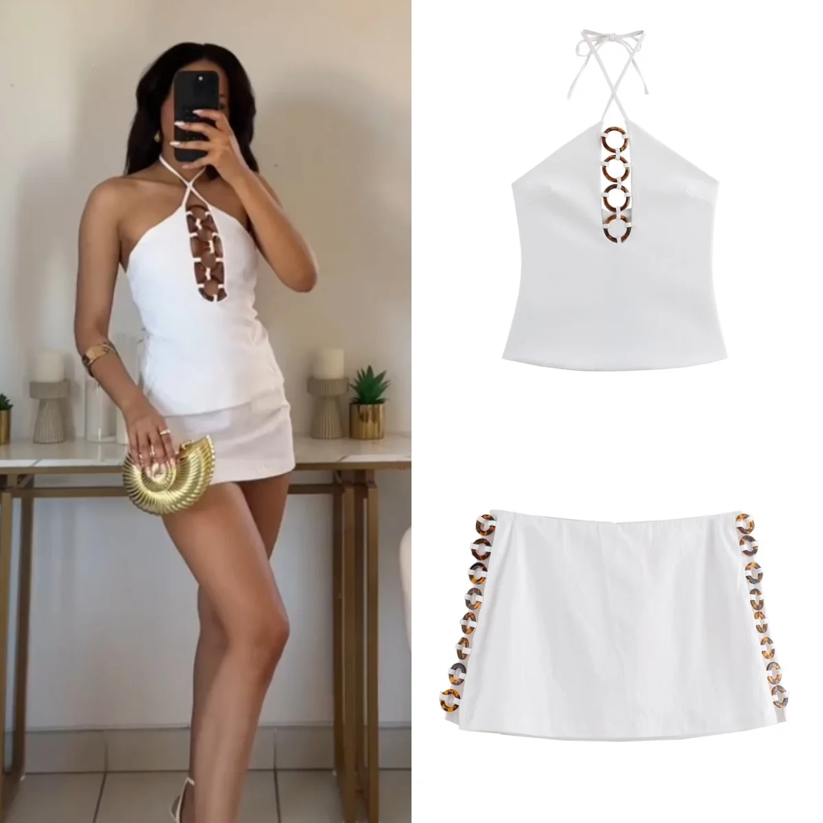 PB&ZA 2024 Summer New Women's Solid Color Halter Collar Sleeveless Top Straight Short Skirt Pants Set