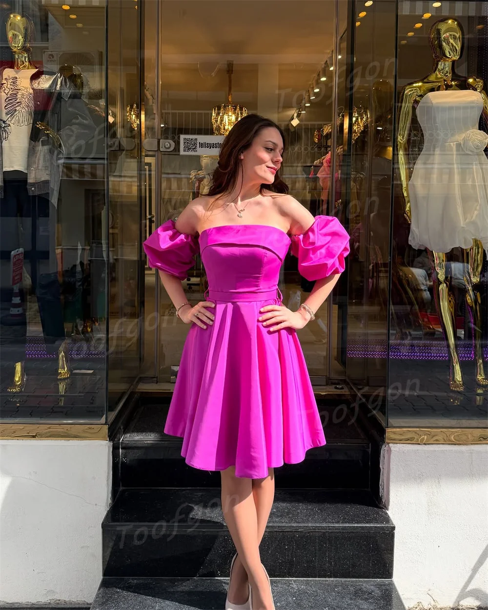 Toofgon Fuchsia Short Evening Dresses Elegant Satin A Line Formal Party Gowns Customized Women Knee Length Homecoming Dress