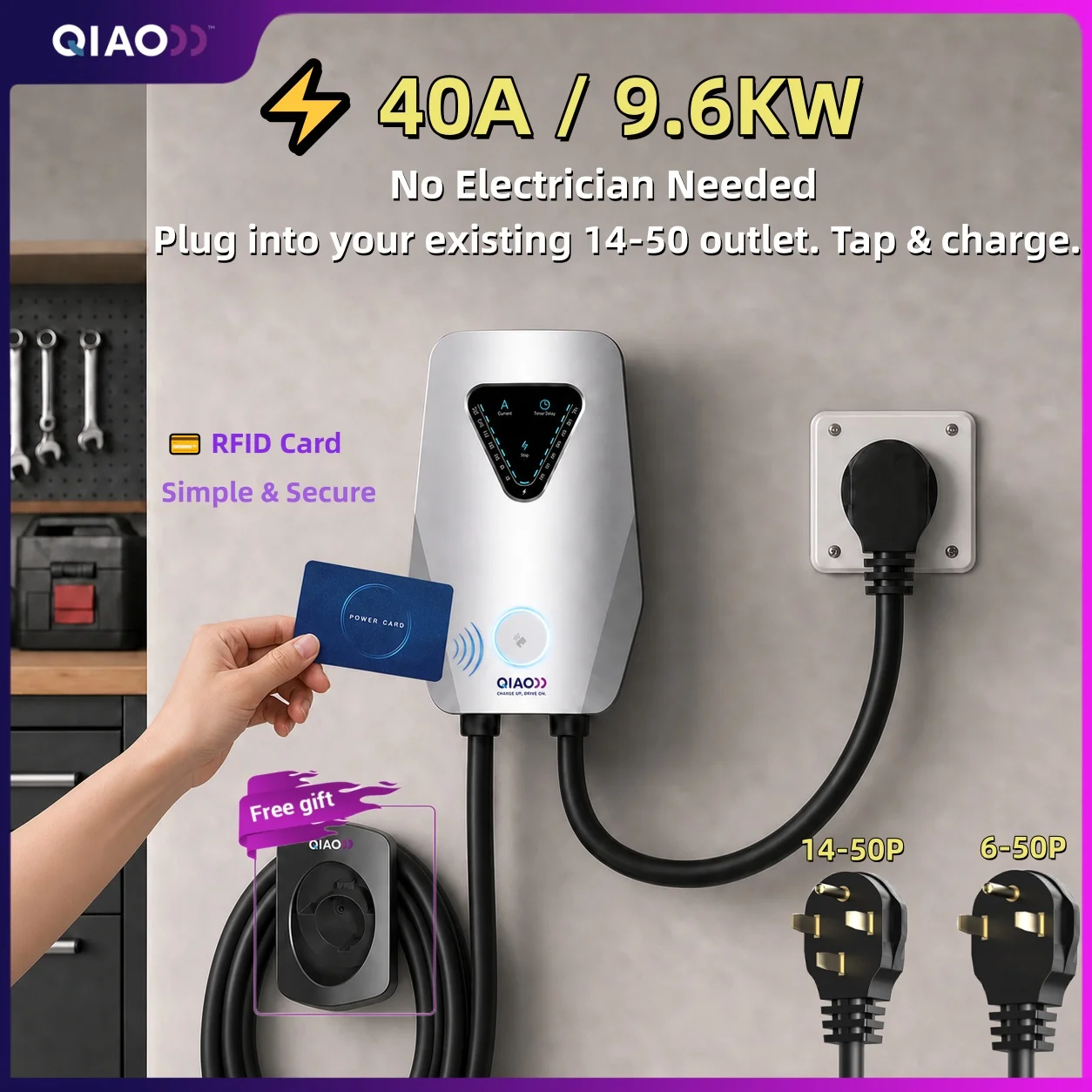 Type1 Wallbox EV Charger 40A 9.6KW NEMA 14-50 6-50 –J1772, EVSE For Electric Vehicle Car Indoor/Outdoor Level 2 Charging Station
