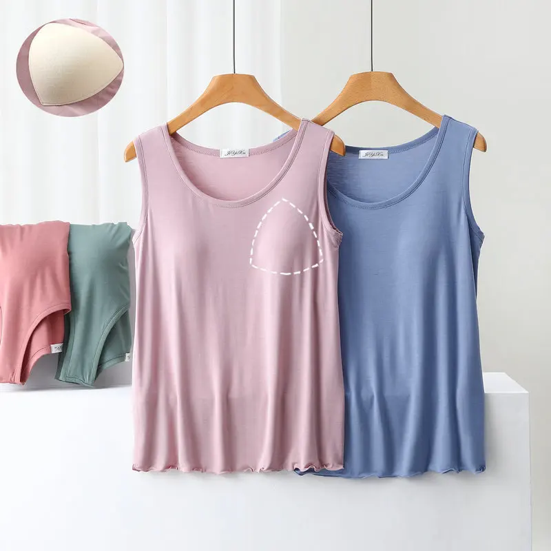 Modal Bra Padded Tank Tops Summer women's Loose homewear Tshirts Sleeveless Casual Thin Tee Tops Solid color Plus size