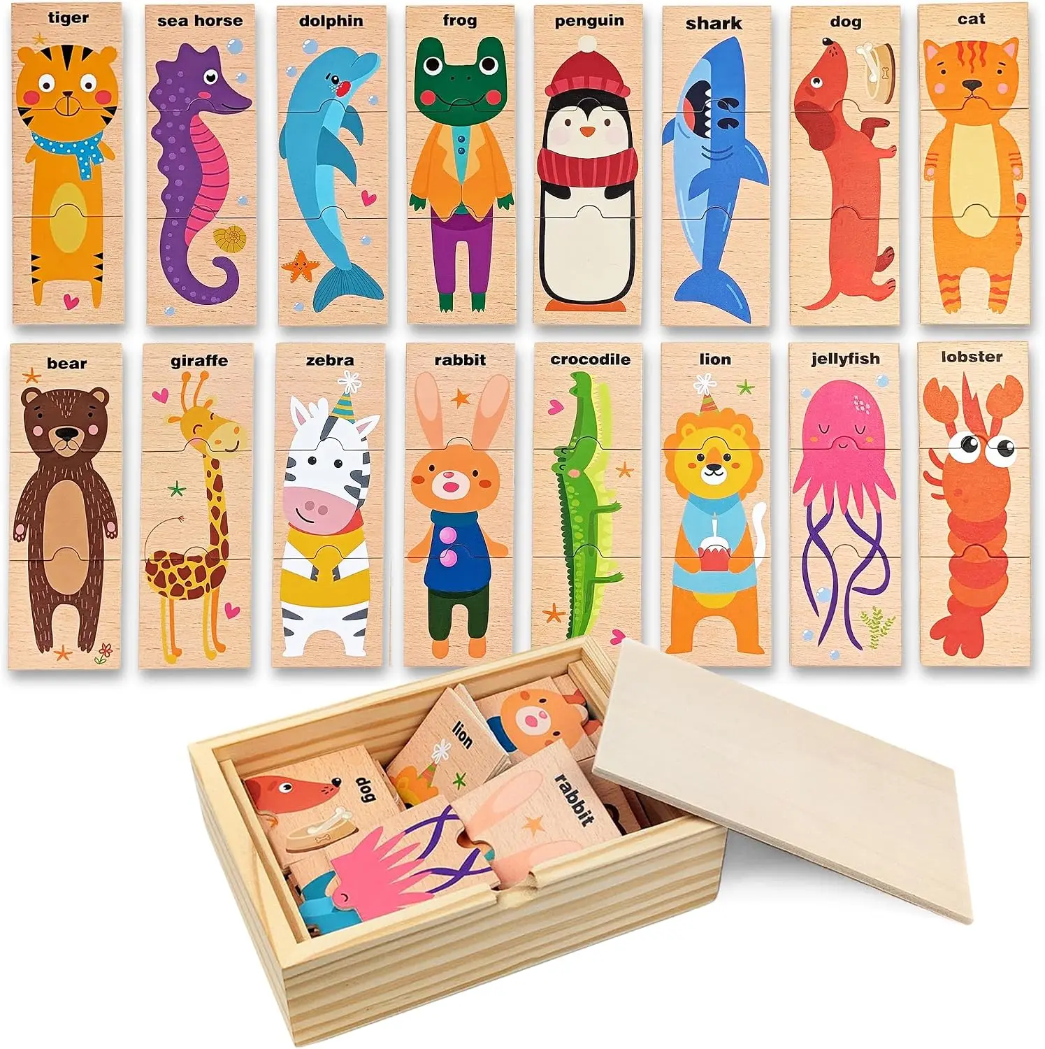 16PCS Wooden Animal Puzzle Toddler 3-PCS Jigsaw Early Learning Educational Toy with Storage Box for Kids Boys Girls Gift Travel