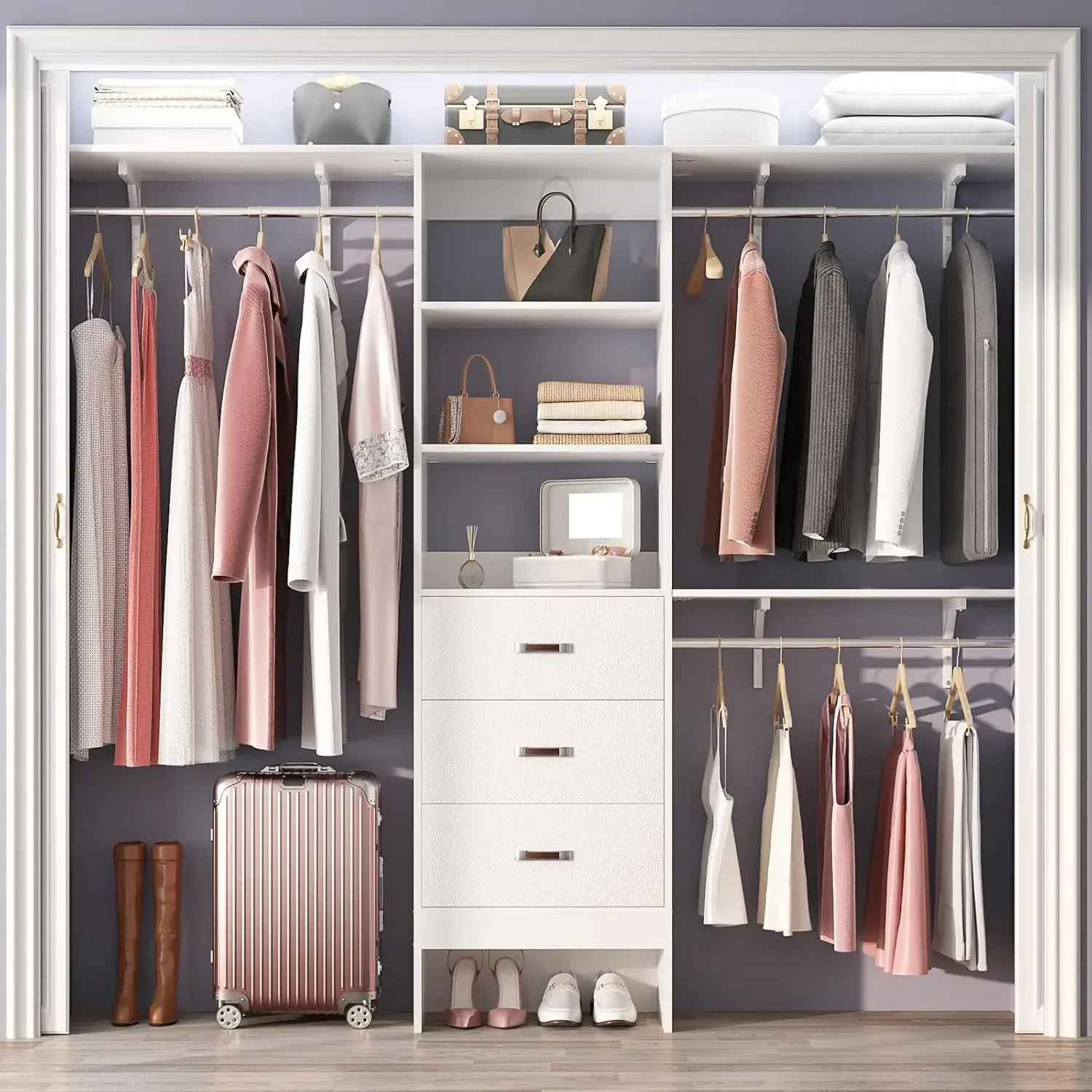 96 inch Closet System with 3 Wooden Drawers, Closet Organizer System with Storage Shelves Cutable, Wall-mounted Closet System