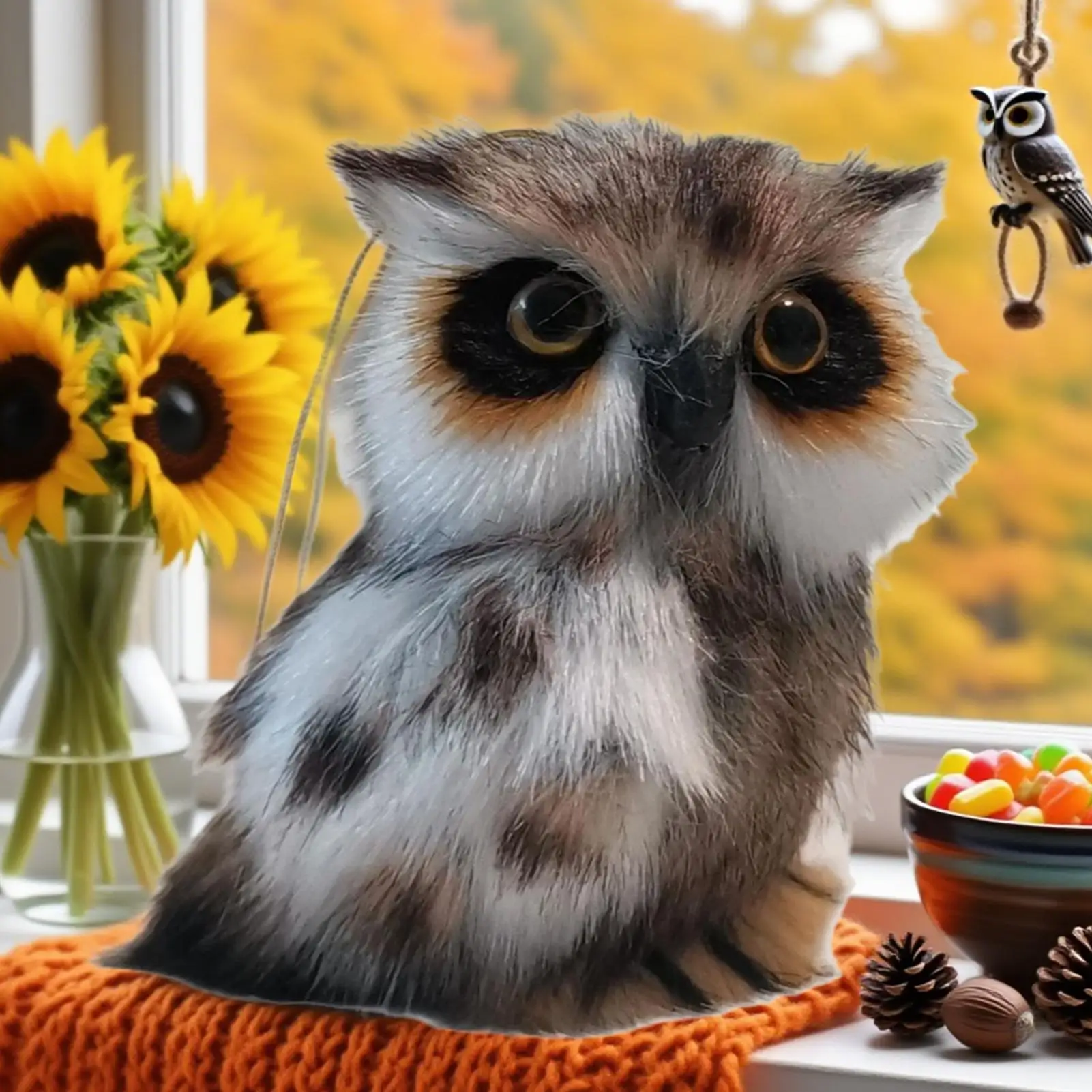 フクロウのぬいぐるみ、吊り下げ可能なペンダント、ループ付き、リアルで鮮やかな目、壁、ドア、ツリー、バッグの装飾に