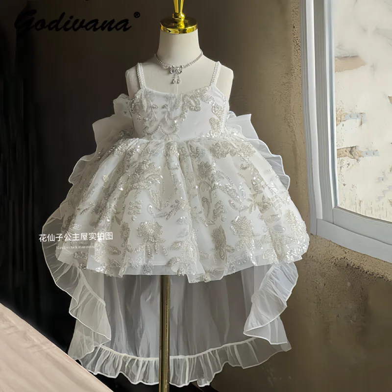 Sweet Baby Girls High End Heavy Princess Lolita Dress Kids White Pearls Sequin Bow Tail Wedding Performances Birthday Party Gown