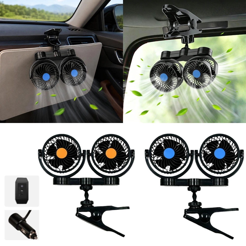 Professional Dual Fans Car Cooling Fan, 2 Speed Adjustable, Multi Angle Rotation Cooling Fan for Car Dashboard SUV RV Accessory