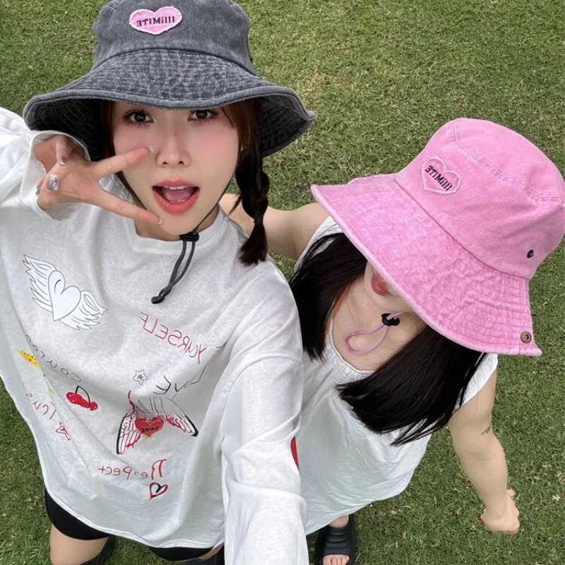 1 Stück Japanischer Retro-Cowboyhut für Damen, Frühling und Sommer, Outdoor-Wandern, Sonnenschutz, Süße Rosa Love Bucket Caps