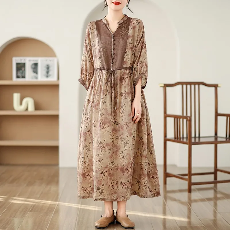 Women Casual Long Dress New Arrival 2024 Summer Vintage Style V-neck Floral Print Loose Comfortable Female A-line Dresses B3711