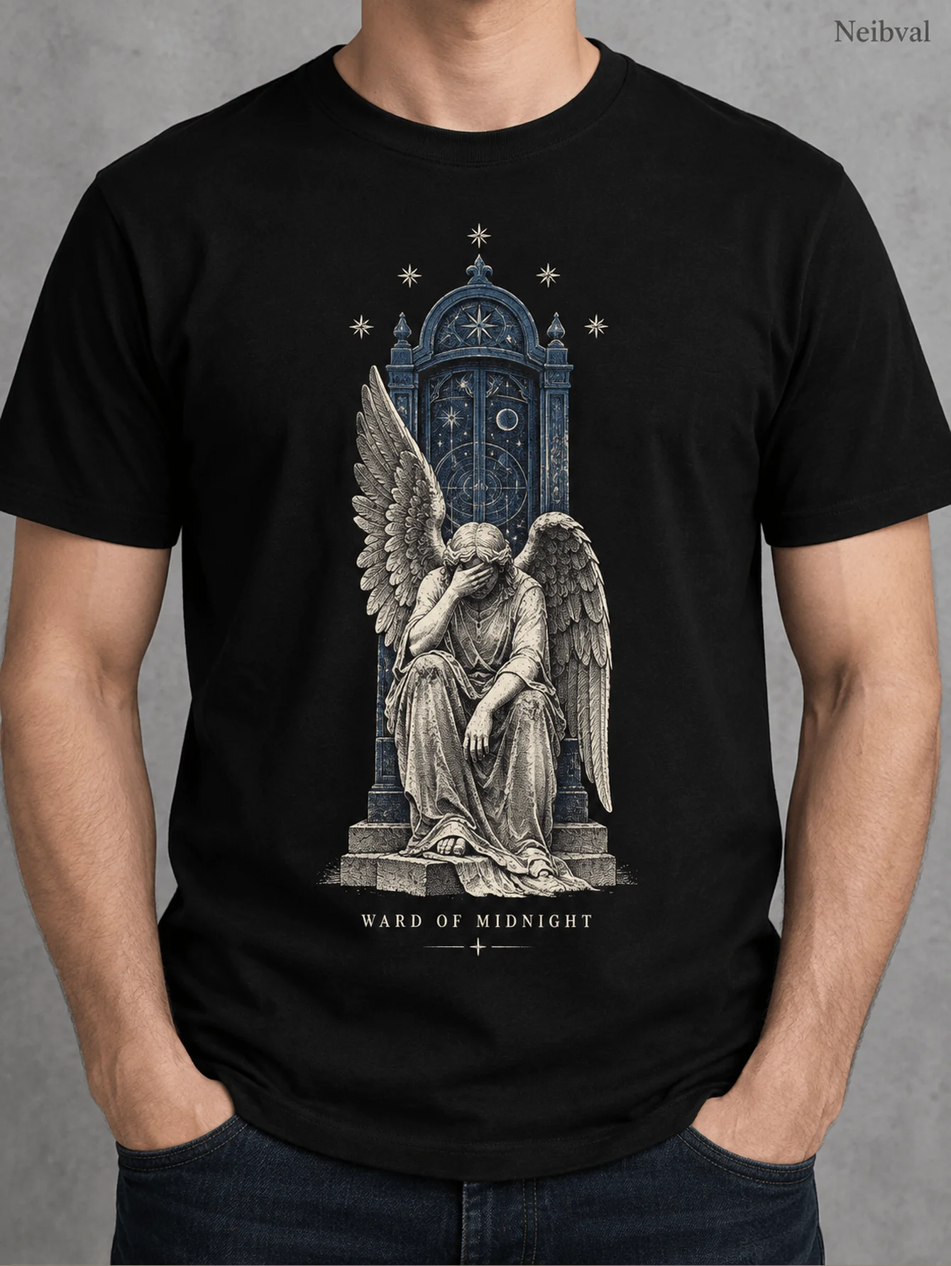 Men's & Women's Gothic Dark Fantasy T-Shirts - Mourning Angels & Stone Monuments Print, Pure Cotton Loose Fit Round Neck Short Sleeve Suitable for Casual Wear, Halloween Party Outfits, Gothic Daily Apparel