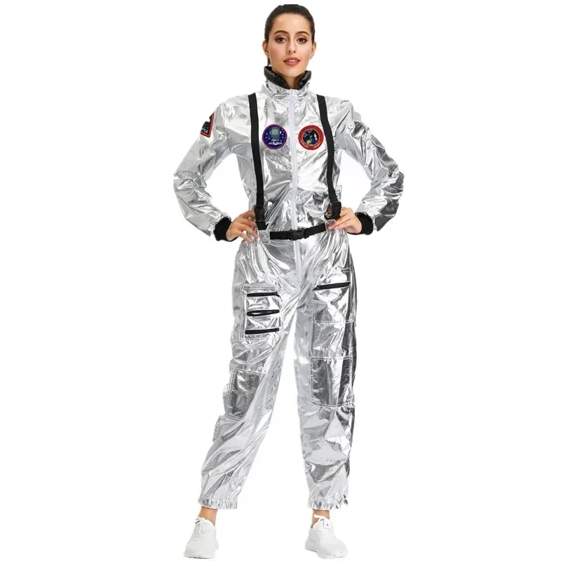 A Women Astronaut Jumpsuit Costume Adult Silver Alien Spaceman Pilots Outfits