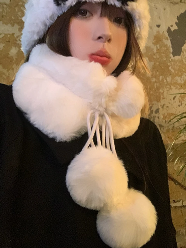 Thickened Winter Scarf for Women Korean Style Plush Collar Cute Ball Ball Fur Small Scarf Warmth Neck Warmer Rectangle Shape