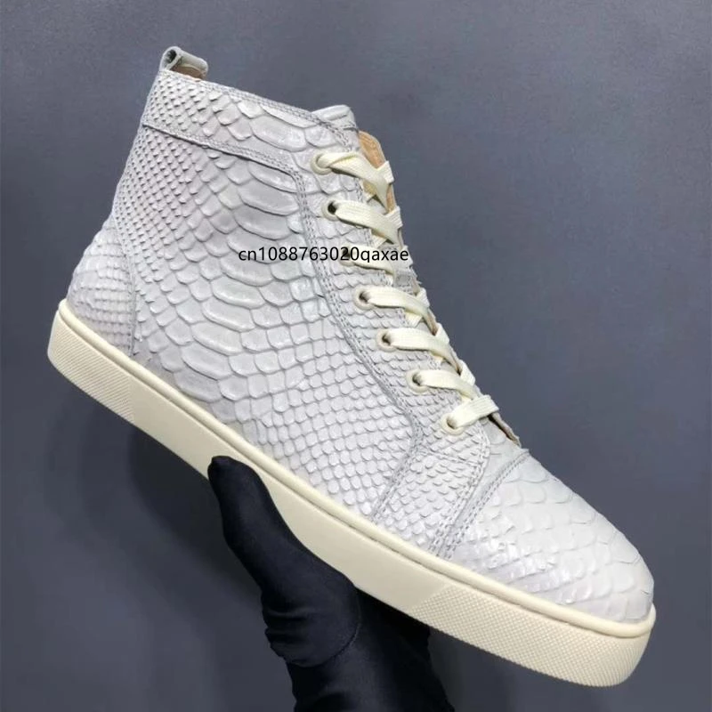 Fashionable leather men\'s high top shoes, women\'s casual board shoes, snake skin lace up couple shoes